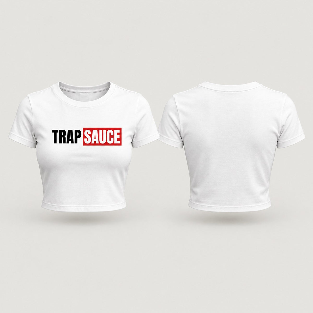 TrapSauce Promo Crop Tee in White Box, front and back (preview)